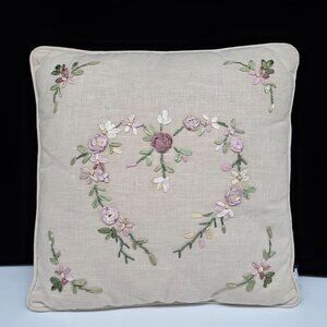 Handmade Linen Small Throw Pillow Silk Floral Embroidery 11" Square